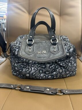 Vintage 09' Coach Metallic Silver/Black Ocelot Leopard Madison Satchel 14289